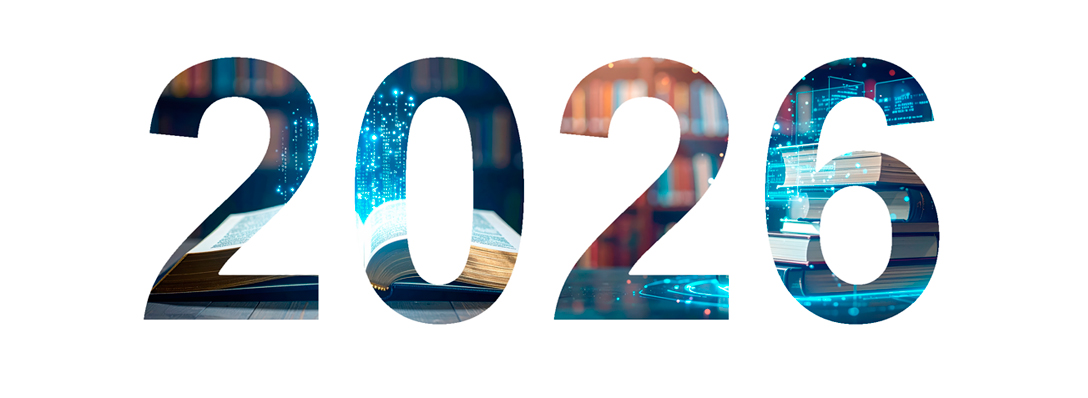 Jahreszahl 2026 mit Cut-outs, Komposition aus Adobe Stock #292866307 (Zahlen, finevector) sowie Adobe Stock #1452459910 und #1452459219 (Füllung, Stacked books with glowing digital elements … und Open book with glowing digital data particles emerging from pages, Urheber: M, KI-generiert)