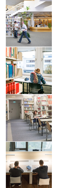 Arbeitsplätze in den Bereichsbibliotheken, Fotos: Marco Gronwald, Barbara Mönkediek / Universitätsbibliothek (3), Manfred Pollert / Universität Osnabrück (1)
