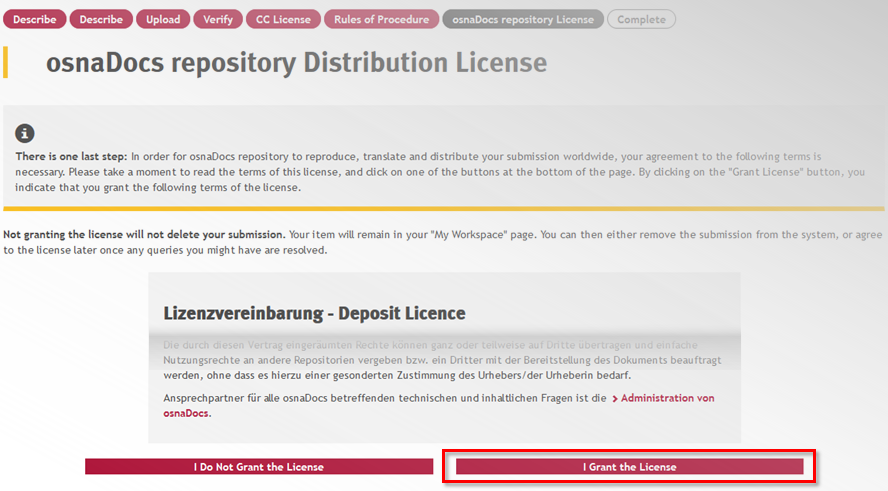 Acceptance of the deposit license