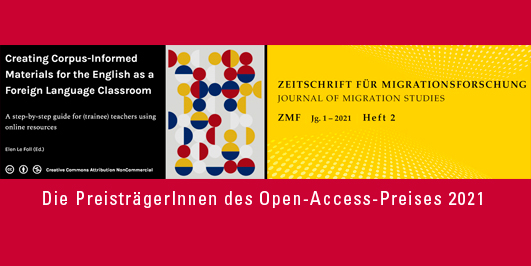 Komposition der prämierten Publikationen des OA-Preises 2021, Graphik: Barbara Mönkediek / Universitätsbibliothek Komposition der prämierten Publikationen des OA-Preises 2021, Graphik: Barbara Mönkediek / Universitätsbibliothek